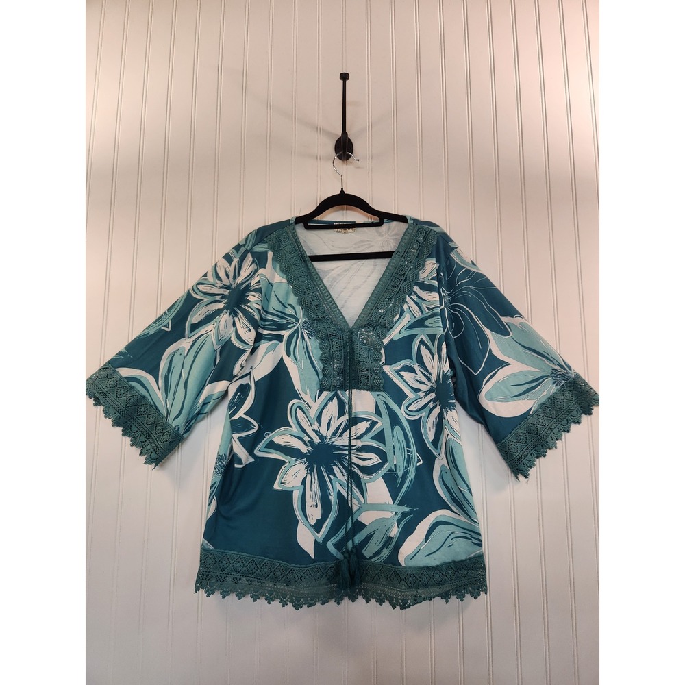 One World Teal Floral Crochet Lace Trim V-Neck Tassel Tunic Top XL Boho Kimono